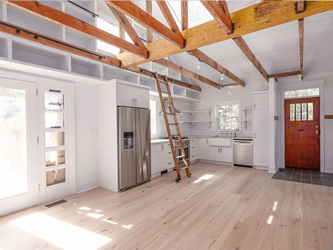 Contemporary landing area with Rustic NEUE Vltava character grade engineered European white oak wood floors